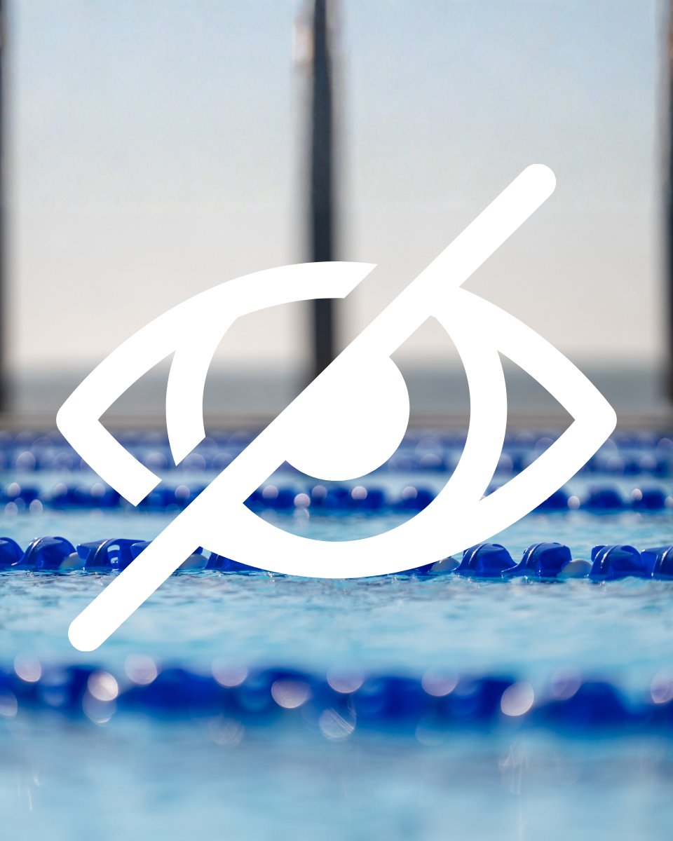 Clear blue pool water from above with a visual impairment graphic overlaid